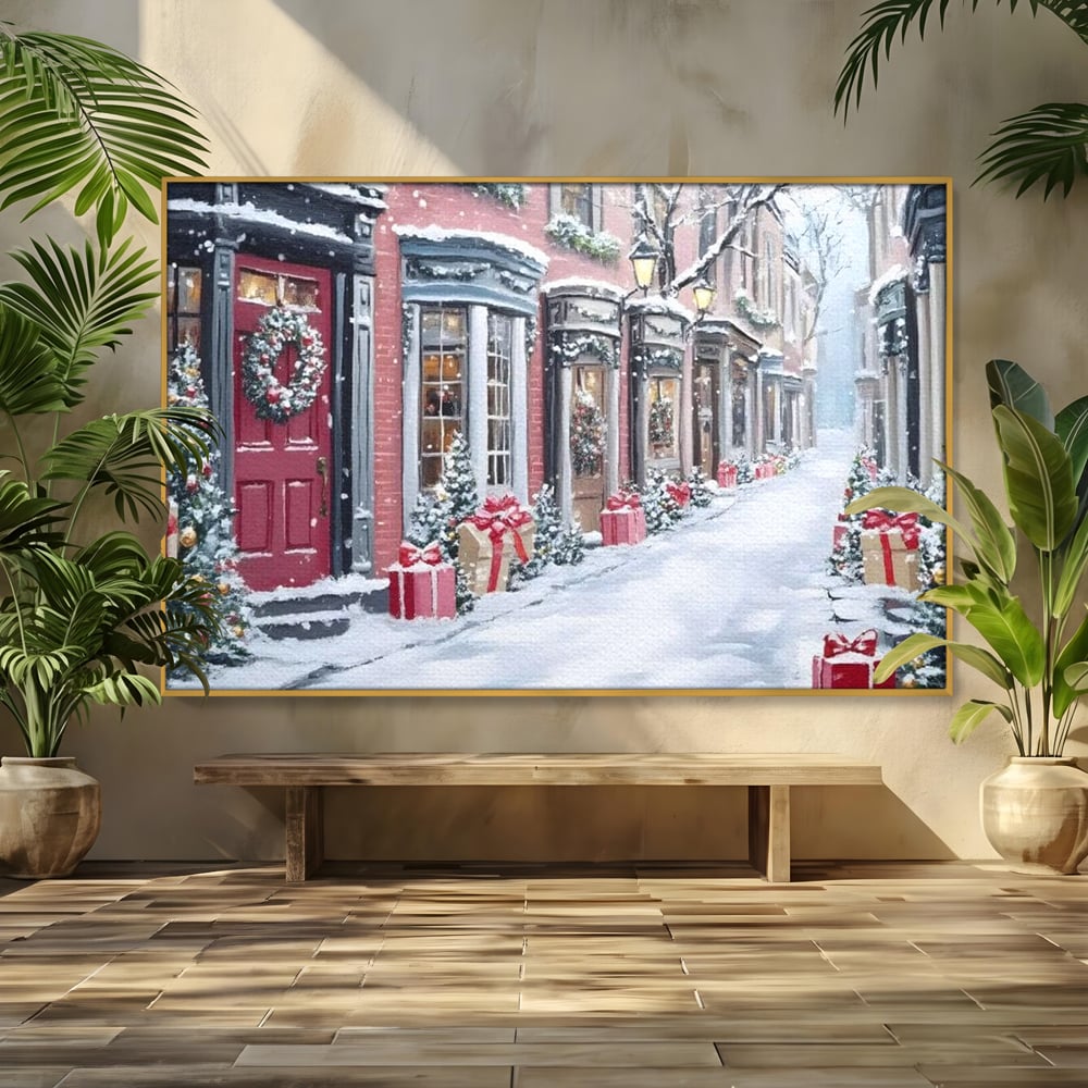 Tablou canvas cu tablou canvas cu strada urbana de iarna, in rama de aluminiu auriu